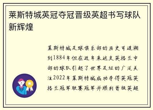 莱斯特城英冠夺冠晋级英超书写球队新辉煌